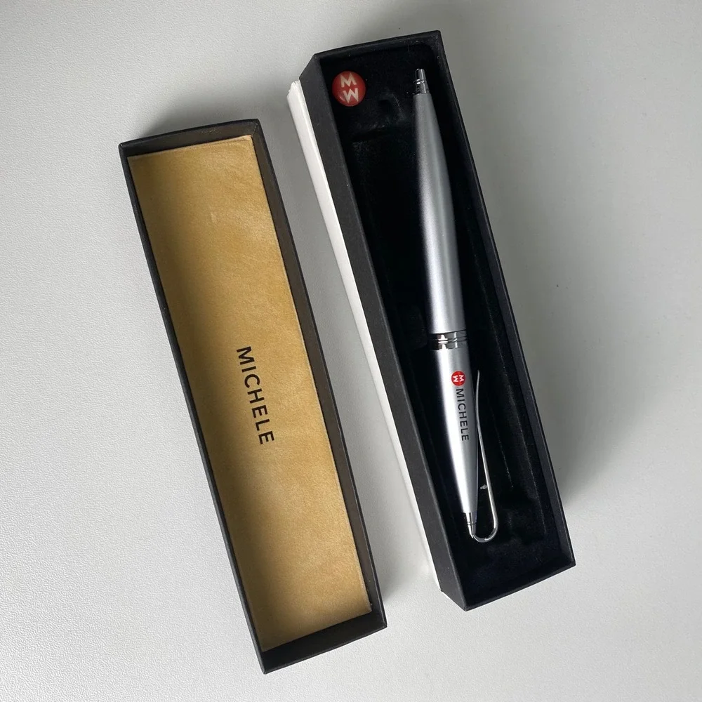 Michele Luxury Ballpoint Pen Silver Tone Brushed Metal MW Logo with Box Set